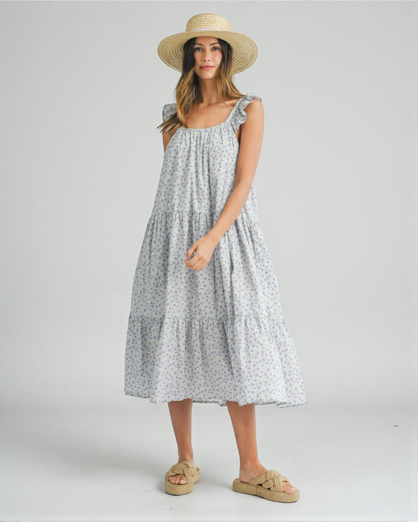 Powder Blue Ditsy Floral Ruffle Midi Dress