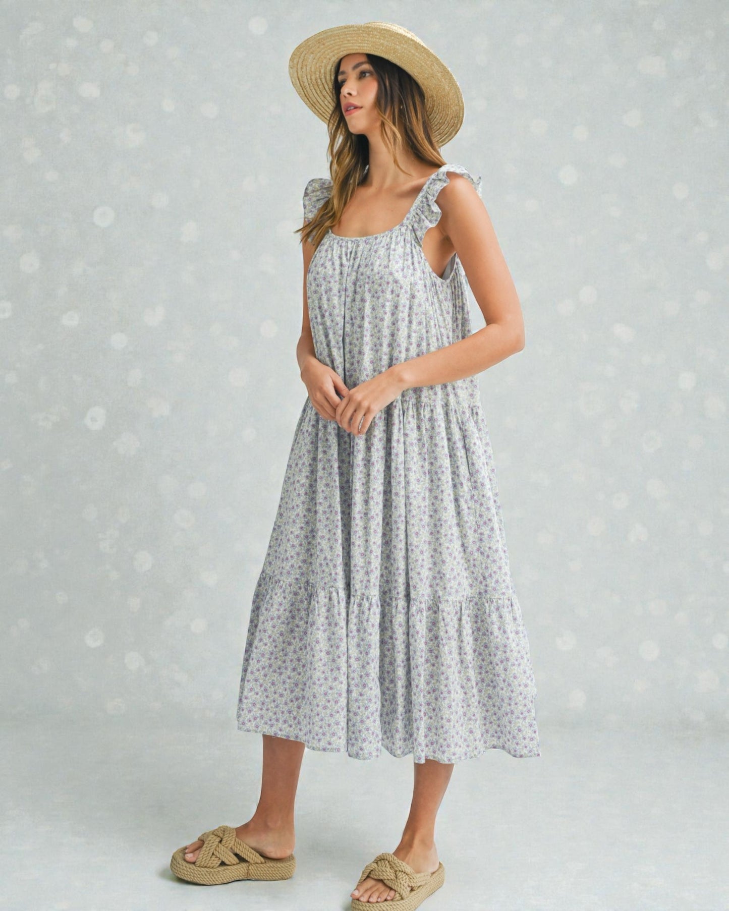 Powder Blue Ditsy Floral Ruffle Midi Dress