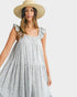 Vestido midi sin mangas con volantes florales y capas en azul