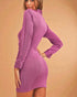 Purple long-sleeve dress worn by a person on a beige background