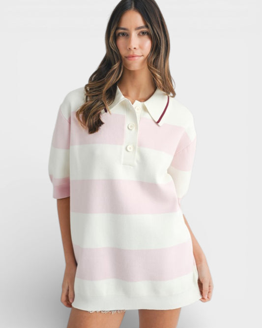 Woman wearing a striped shirt with a white background