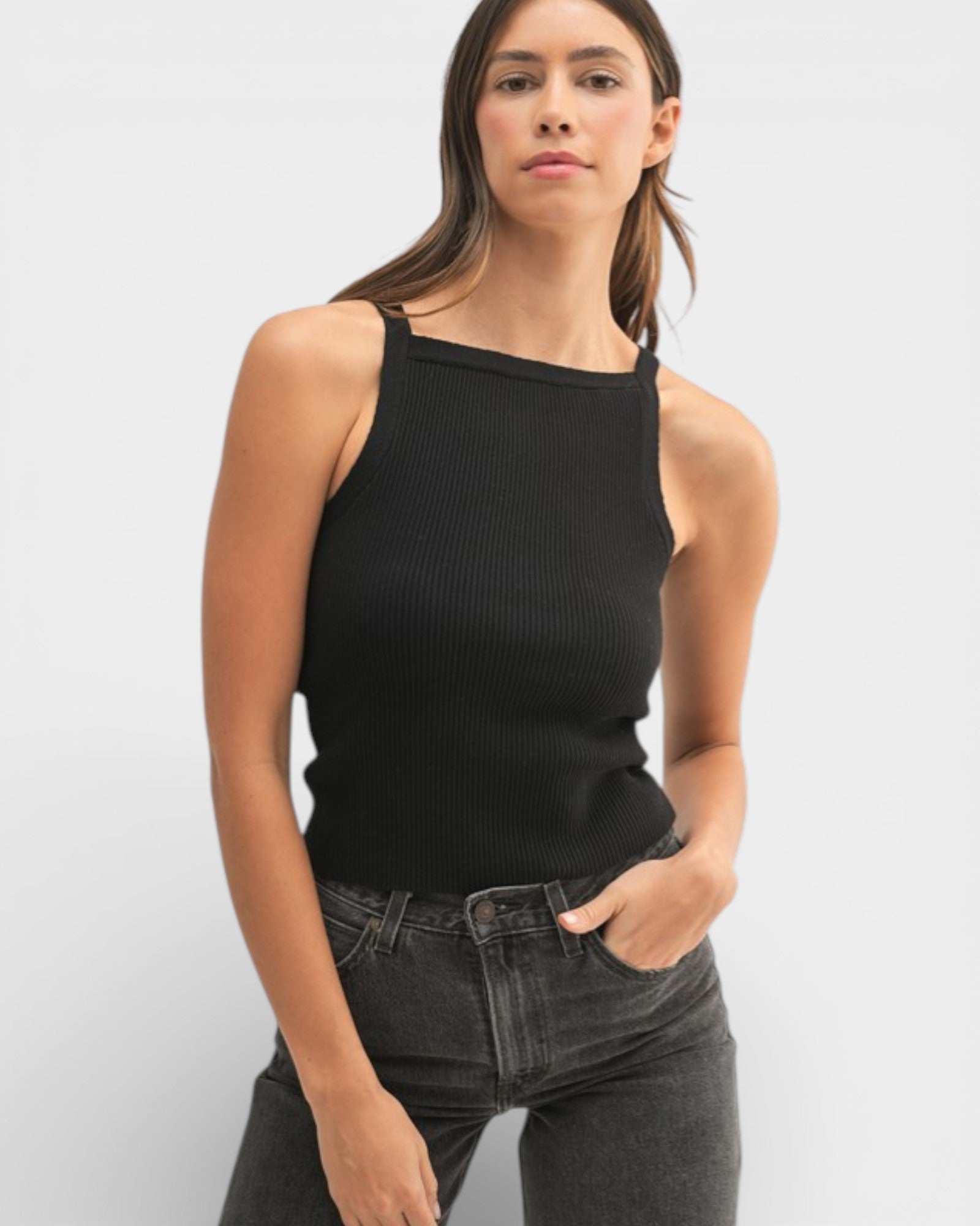 Black Ribbed High Neck Knit Tank Top