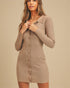 Woman wearing a beige ribbed dress against a beige background