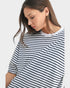 Woman wearing a black and white striped shirt on a plain background