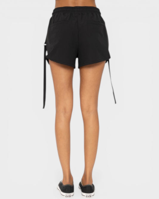Black shorts with drawstrings on a white background
