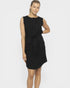Woman wearing a black sleeveless dress on a white background