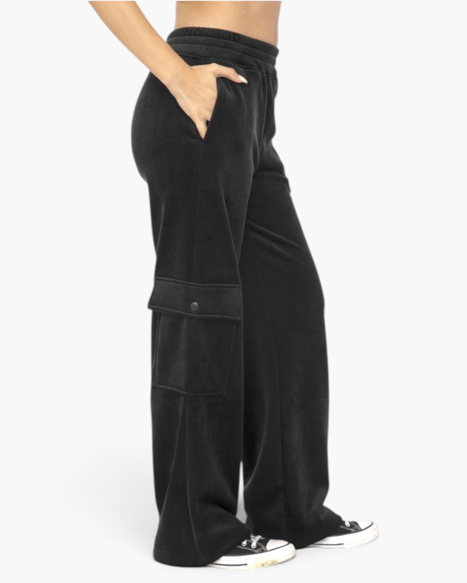 Black wide-leg cargo sweatpants with a side cargo pocket and elastic waistband, shown on a model from the side against a light gray background.