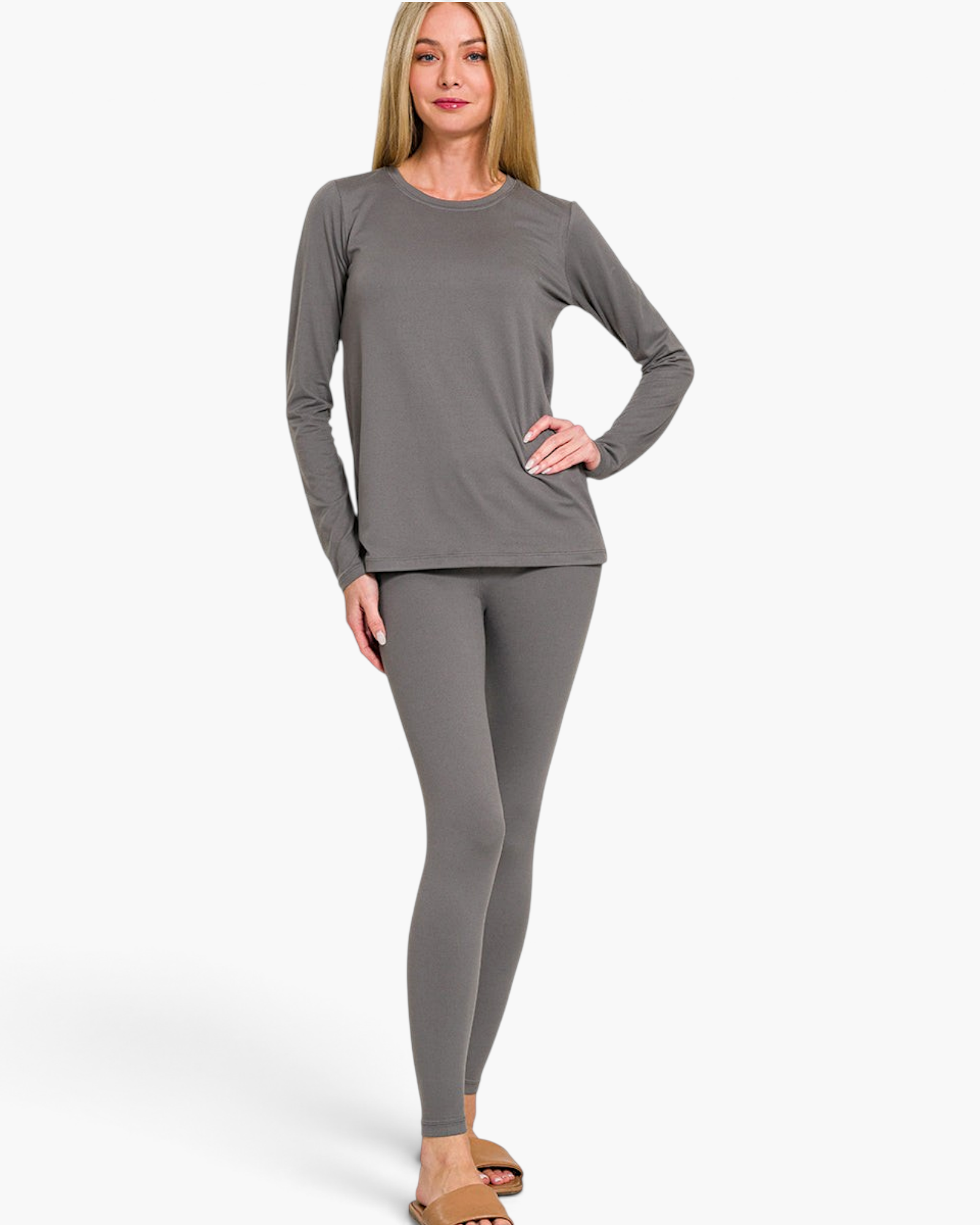 Beach Rose Co. ash grey brushed microfiber long-sleeve top and leggings set worn by a blonde model