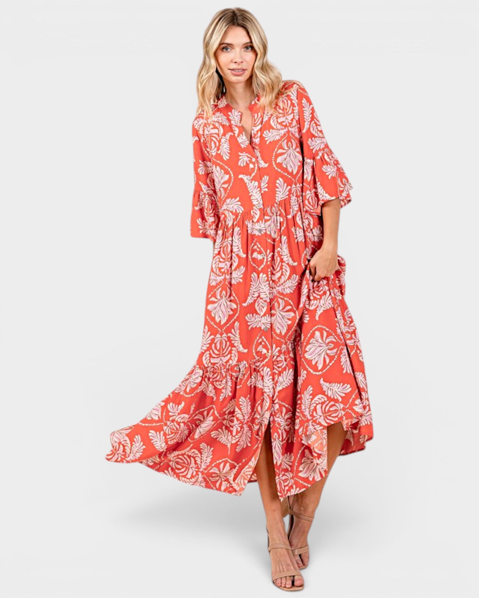 Coral Printed Tiered Maxi Dress