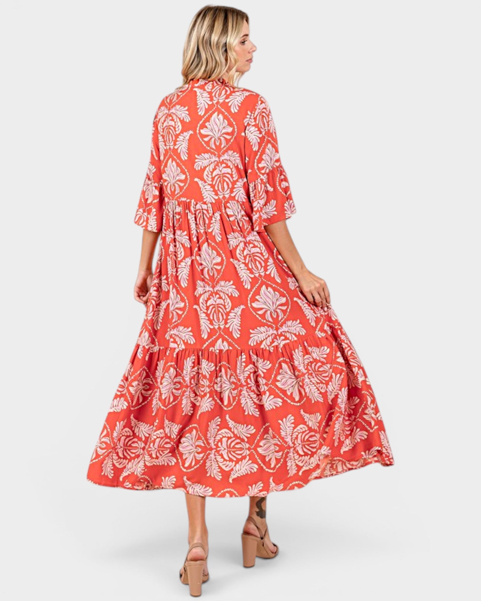 Coral Printed Tiered Maxi Dress