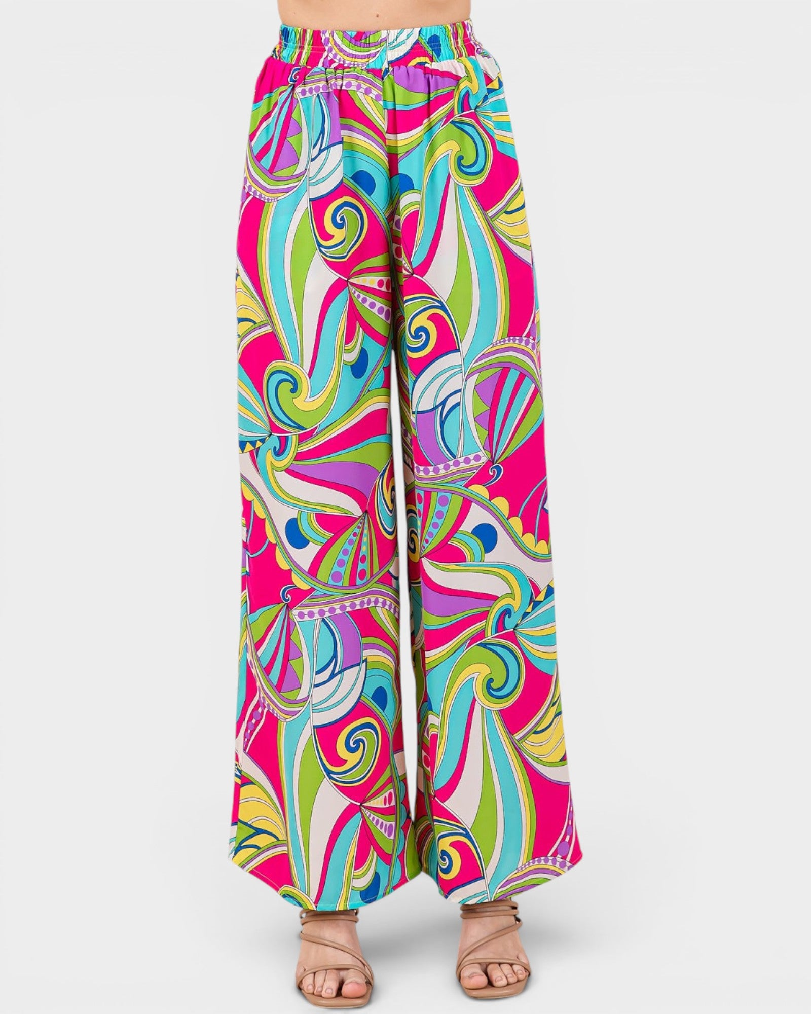 Colorful patterned pants on a white background