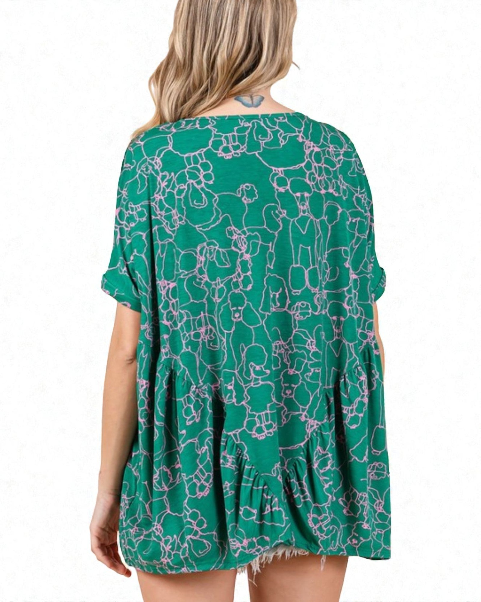 Green patterned dress worn by a person on a white background
