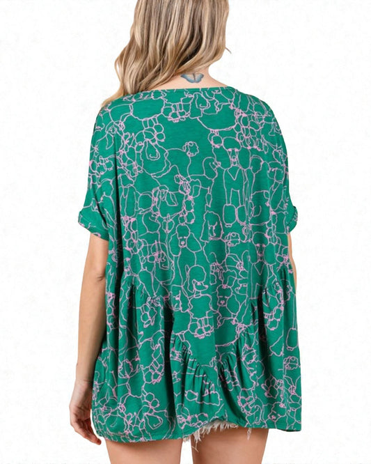 Green patterned dress worn by a person on a white background