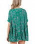 Green patterned dress worn by a person on a white background