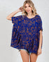 Woman wearing a blue patterned top on a white background
