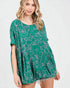 Woman wearing a green floral patterned dress on a white background