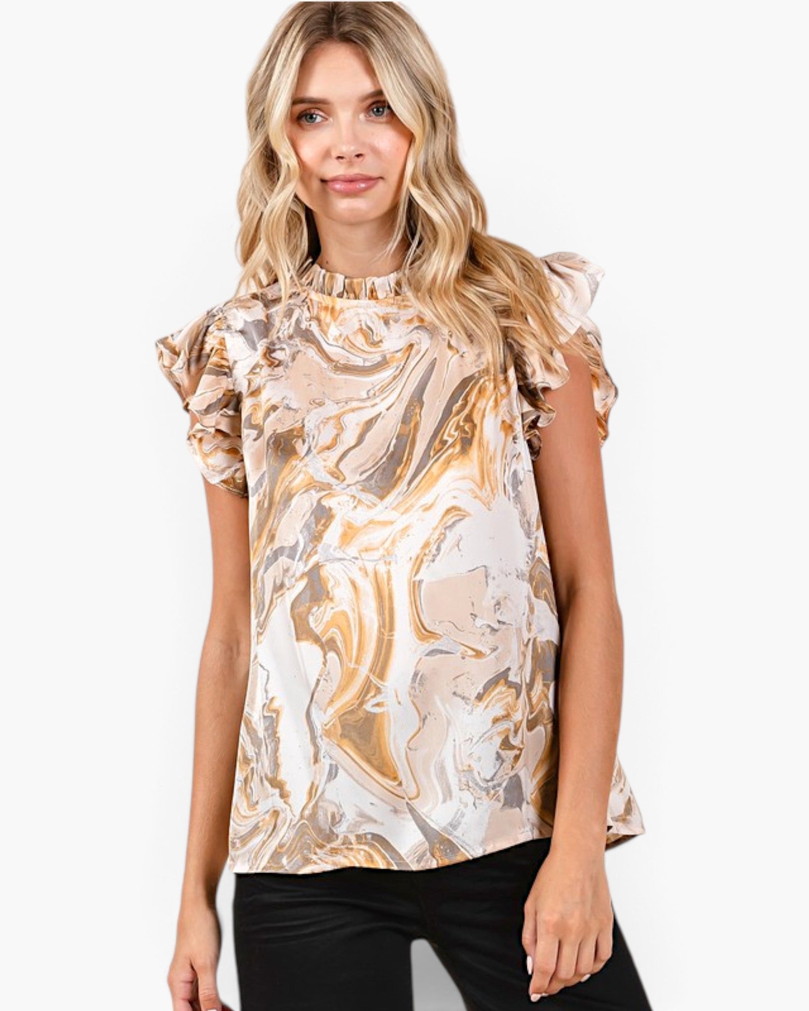 Tan Marble Print Satin Ruffle Sleeve Blouse