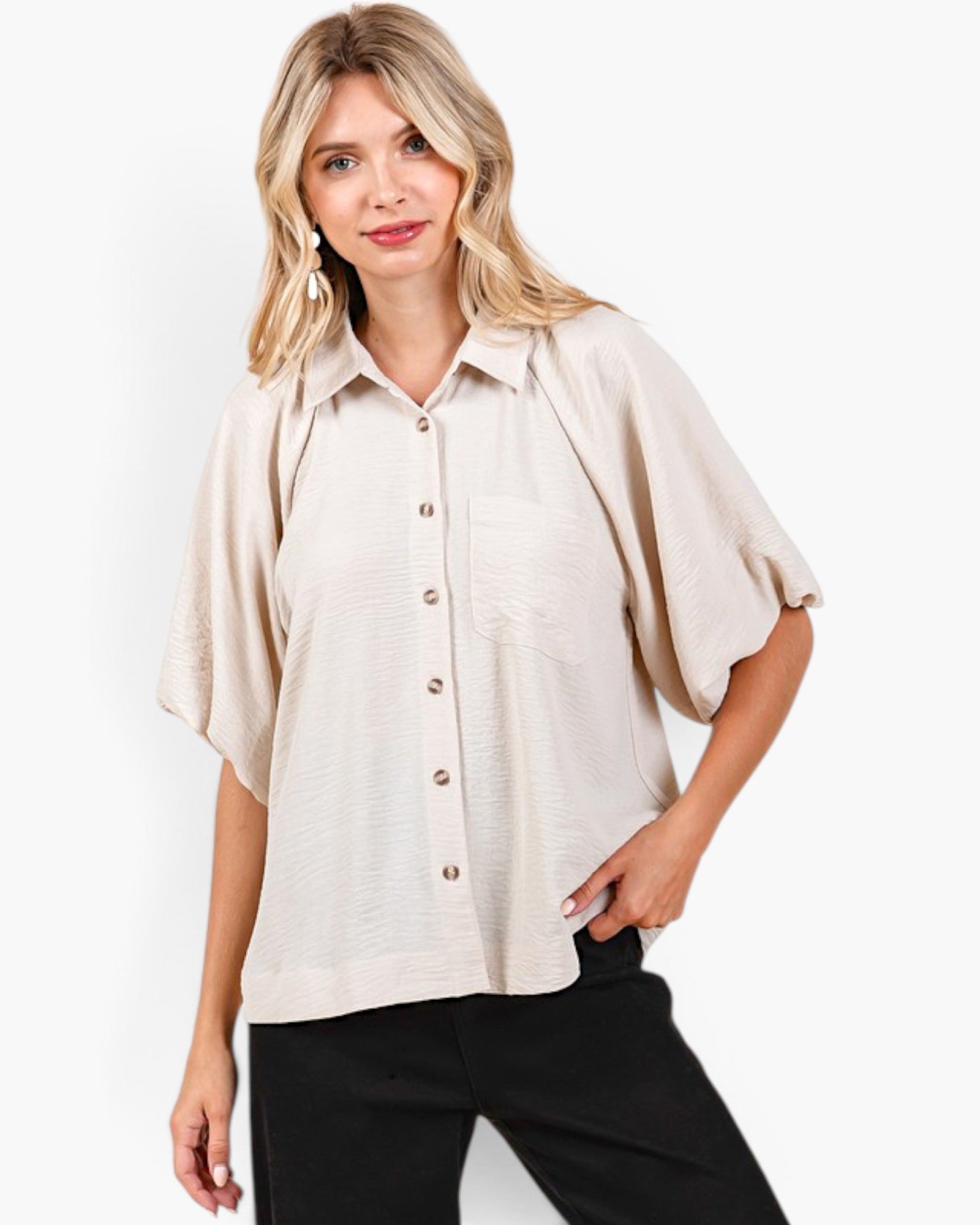 Natural Textured Button-Front Dolman Sleeve Blouse