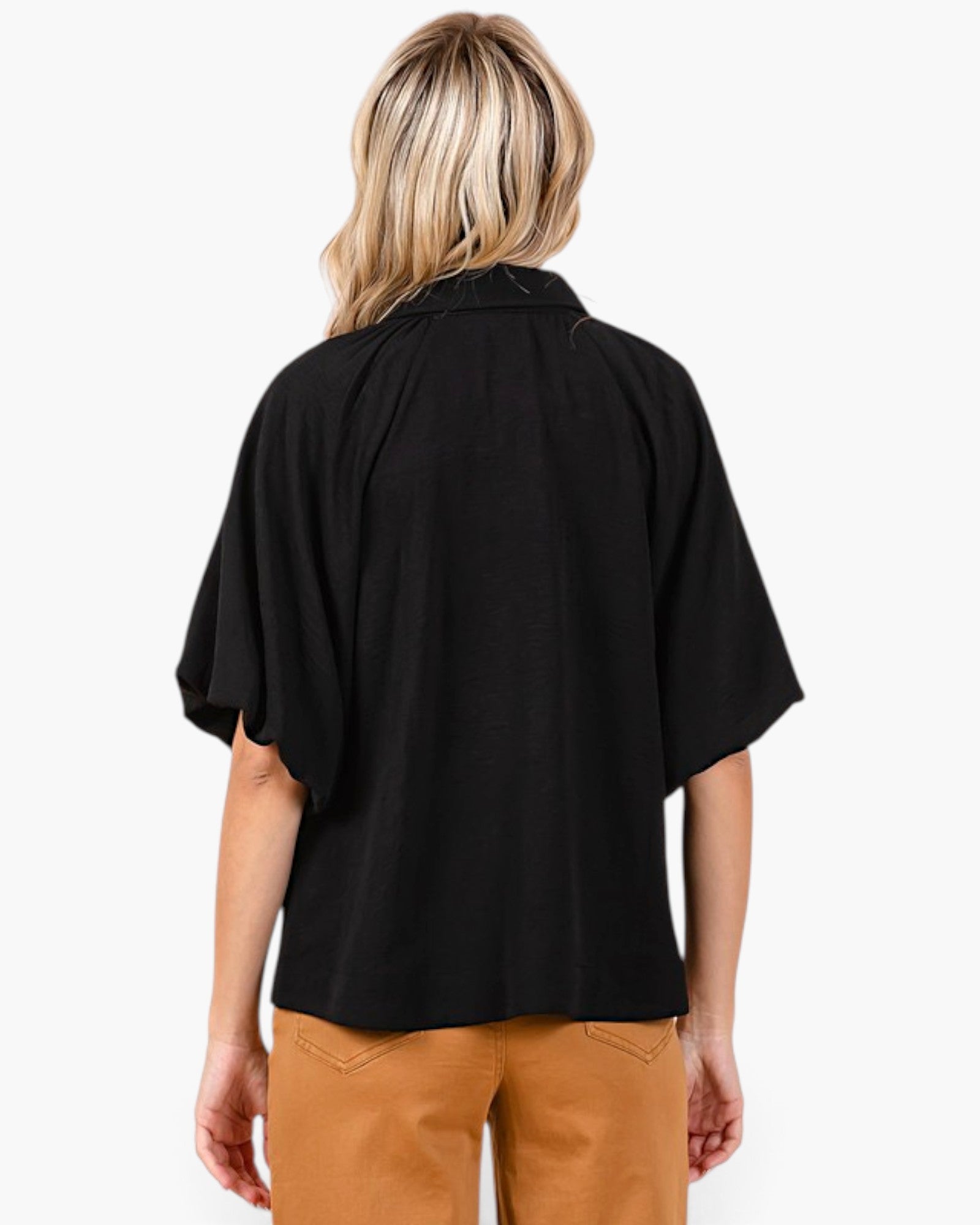 Black Textured Button-Front Dolman Sleeve Blouse