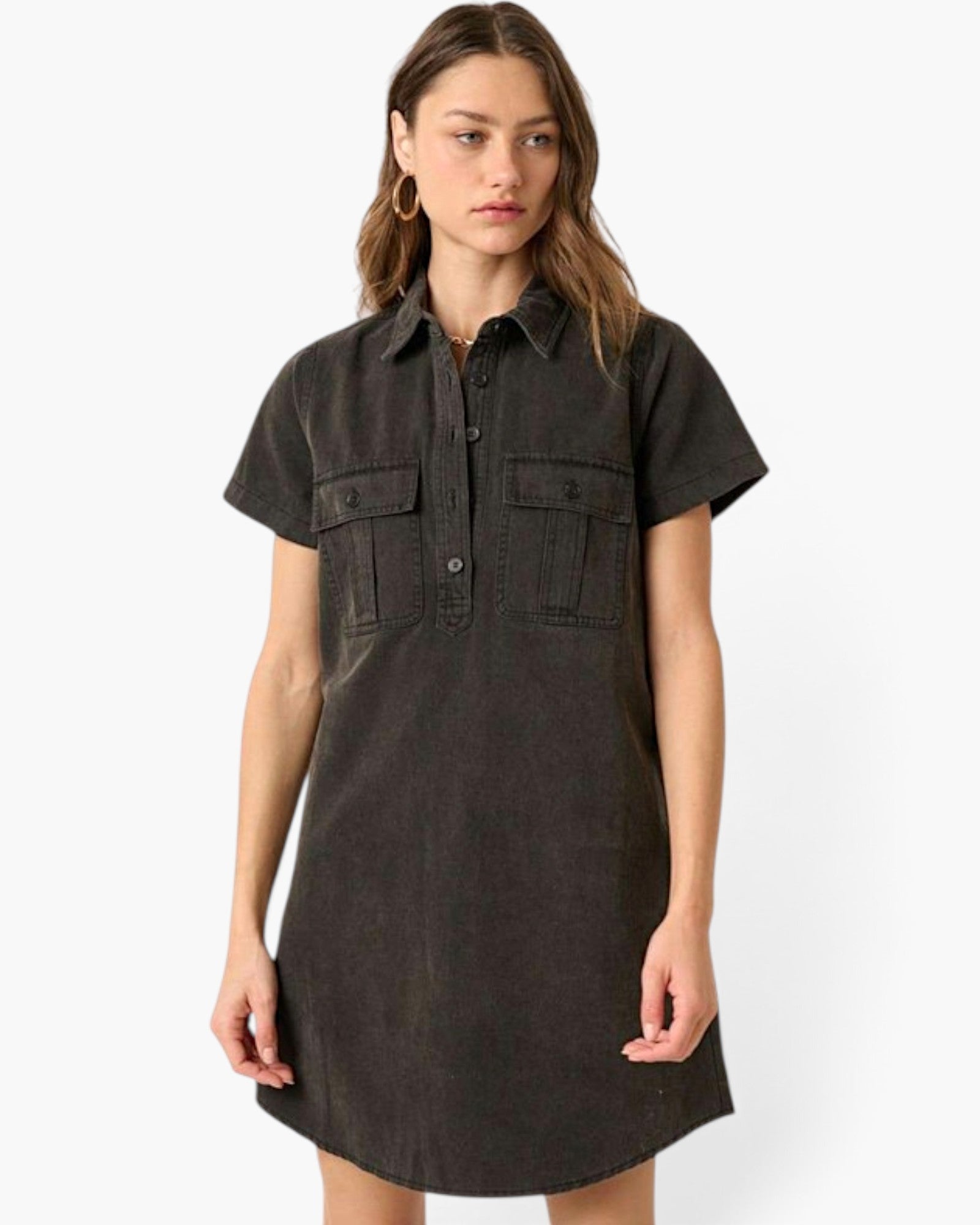 Black Cotton Utility Shirt Dress