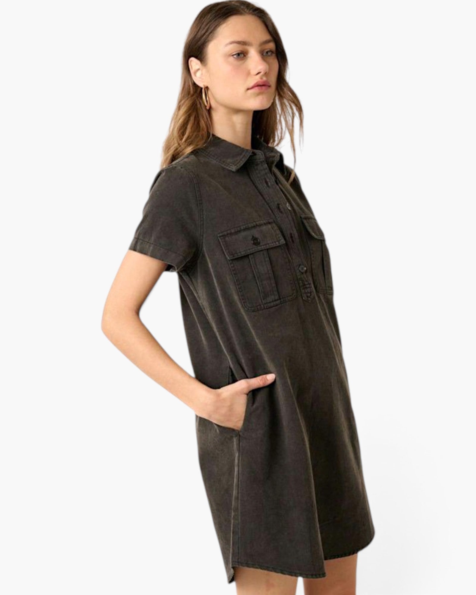 Black Cotton Utility Shirt Dress