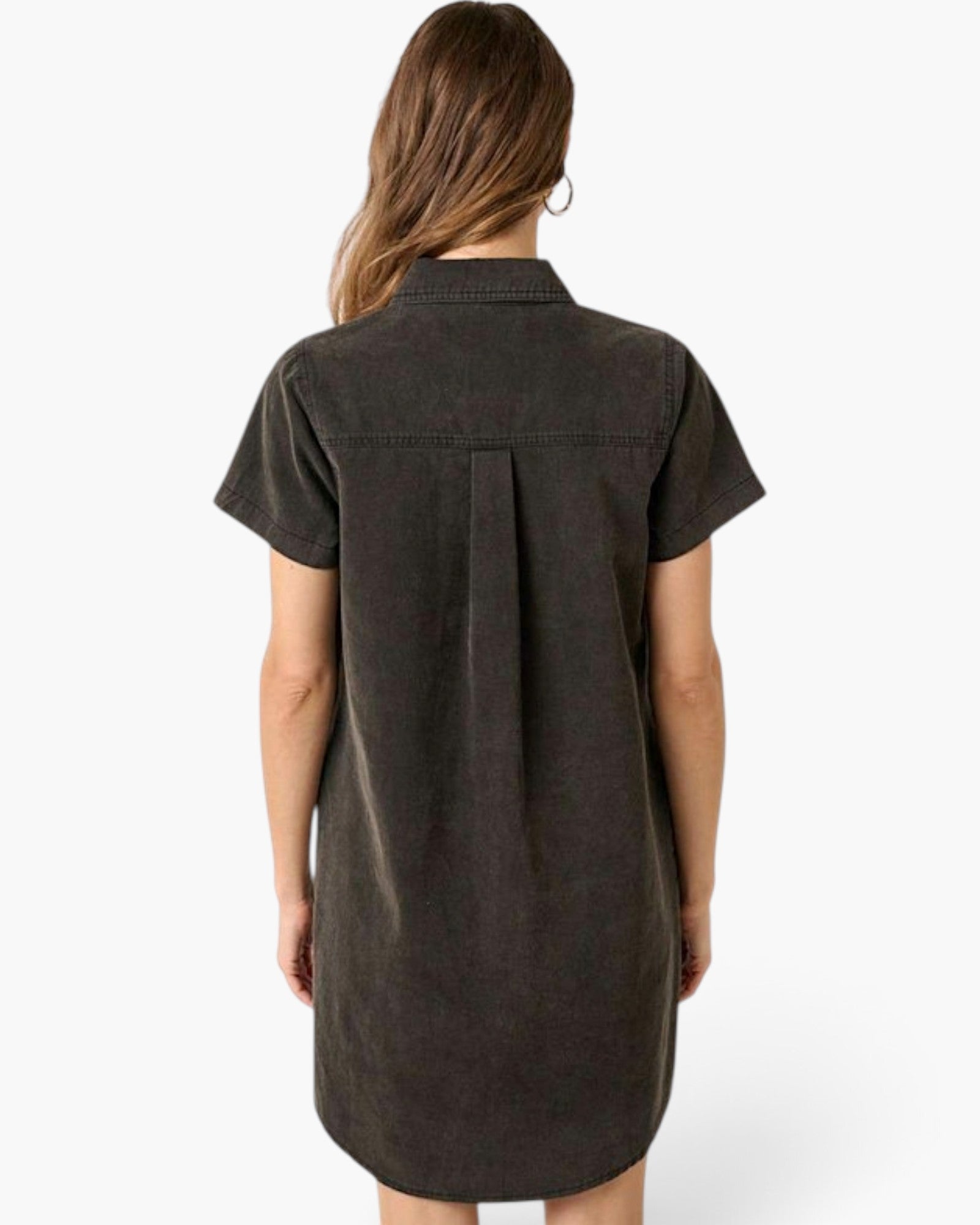 A woman viewed from the back wearing a dark brown short-sleeve shirt dress with a button-down collar and a central back pleat, set against a plain light gray background.