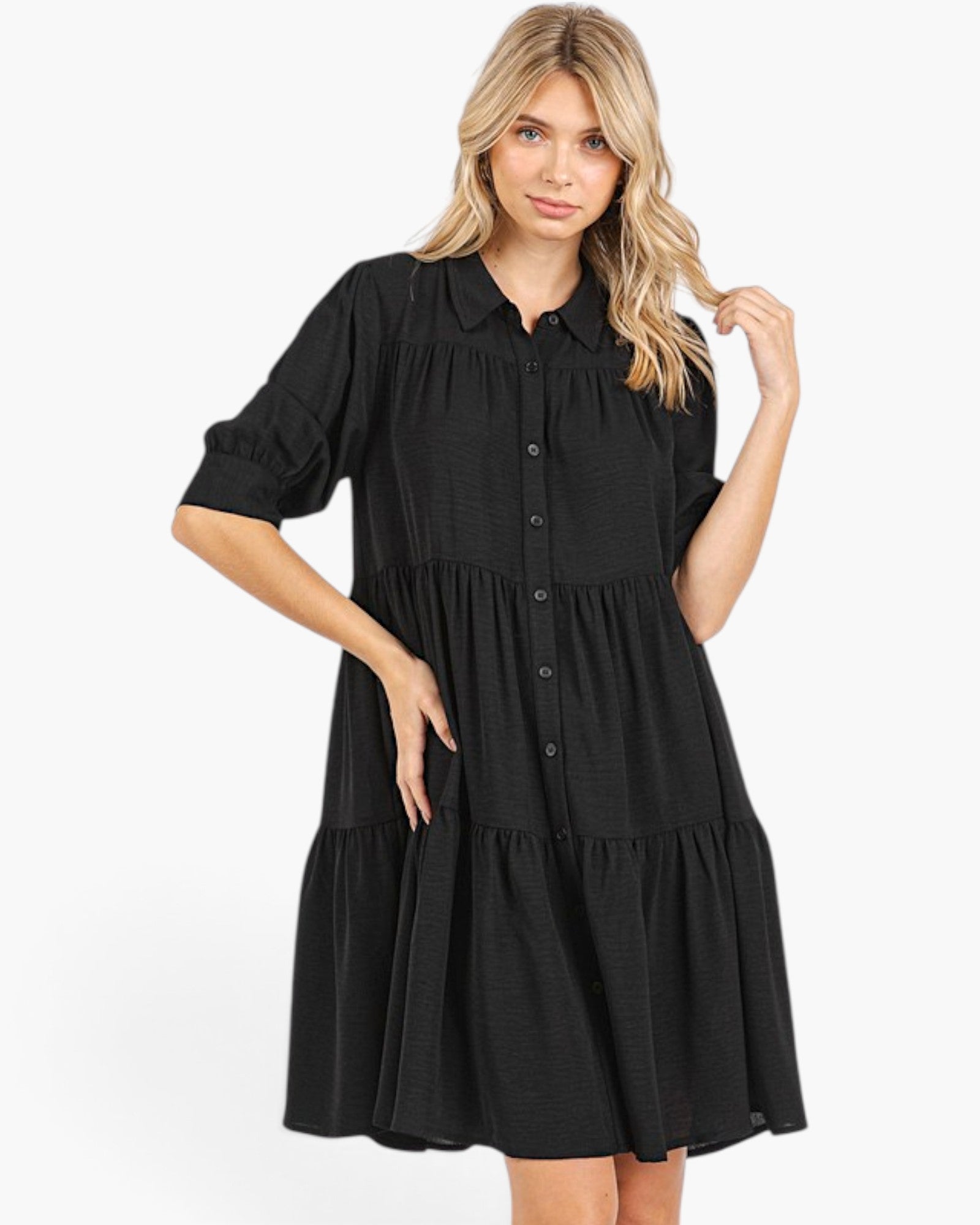 Black Button-Front Tiered Shirt Dress