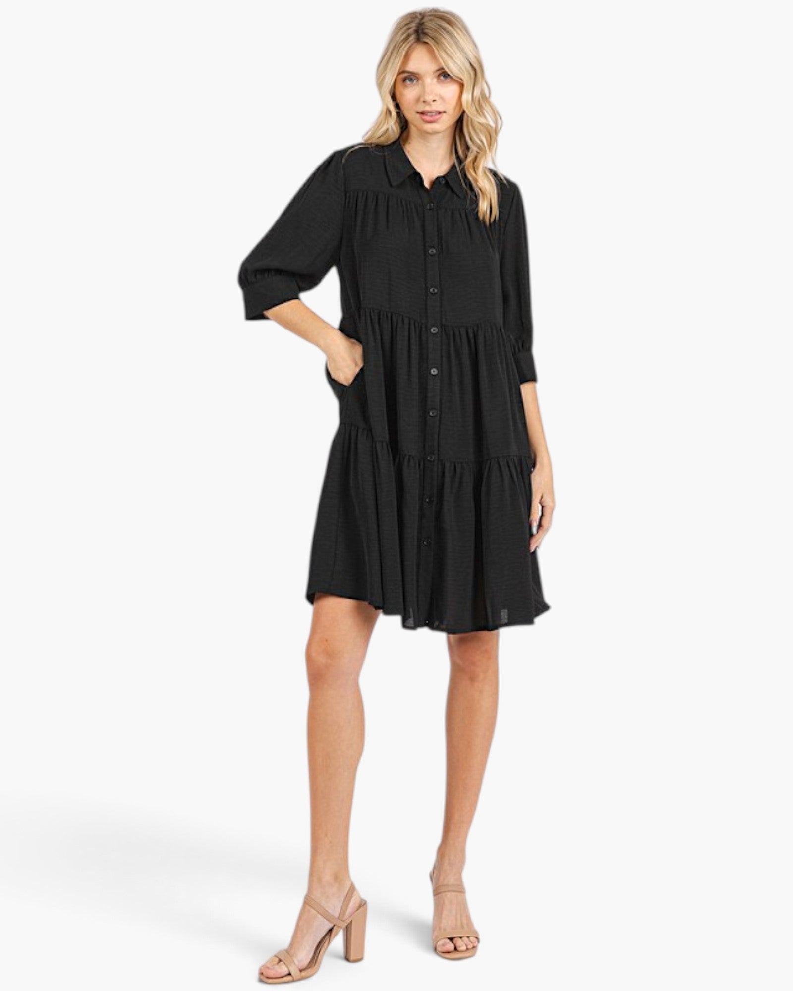 Black Button-Front Tiered Shirt Dress