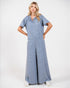 Woman wearing a blue dress on a white background