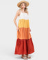 Woman wearing a multicolored dress with a white background