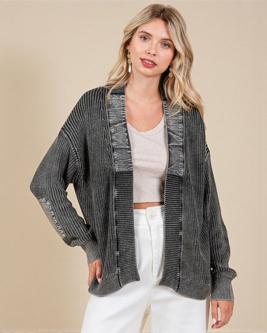 Black Mineral Washed Open Front Cardigan