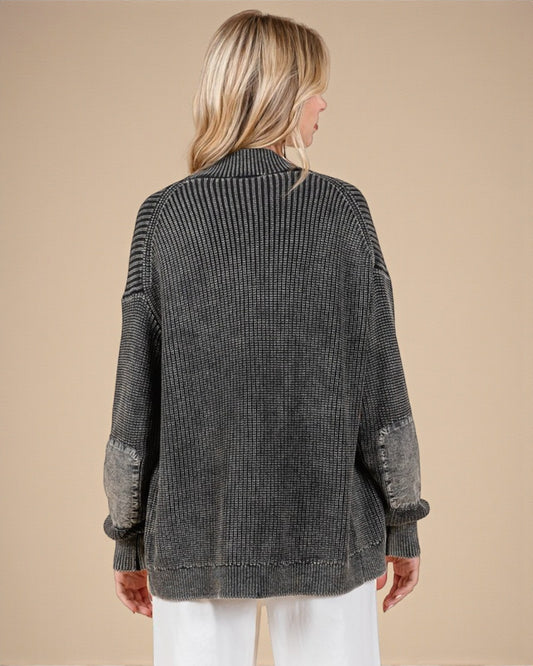 Black Mineral Washed Open Front Cardigan