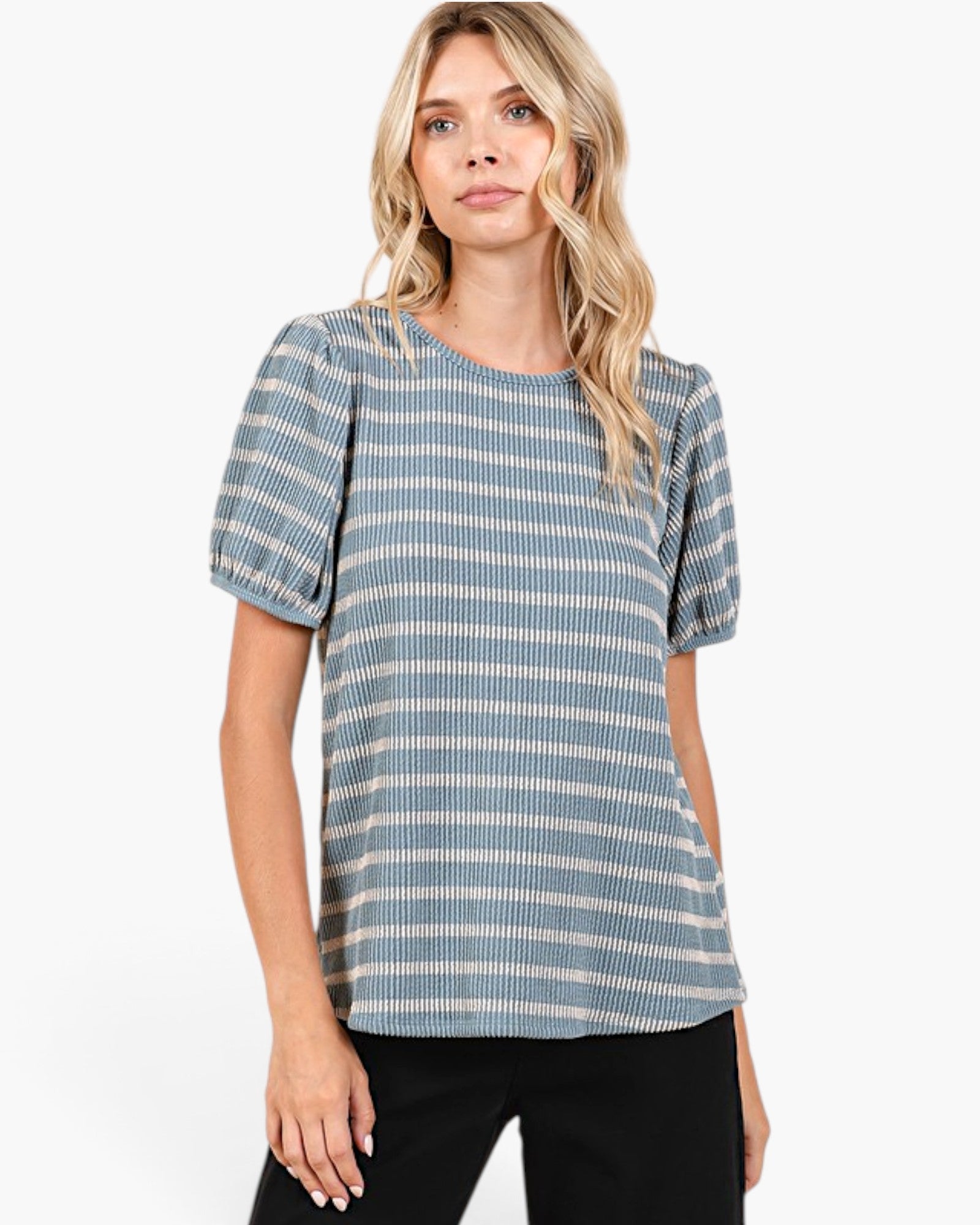 Dusty Blue Striped Ribbed Puff Sleeve Top