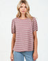 Woman wearing a striped shirt with puff sleeves on a white background