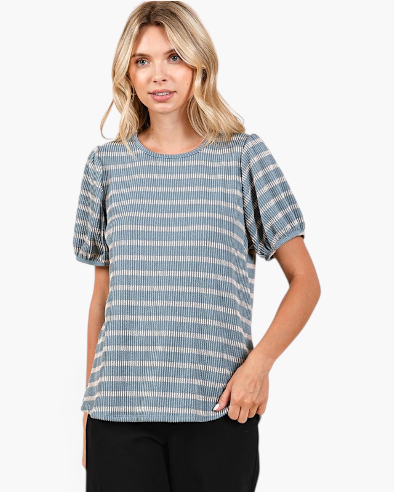 Dusty Blue Striped Ribbed Puff Sleeve Top