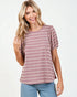 Woman wearing a striped top with puff sleeves on a white background
