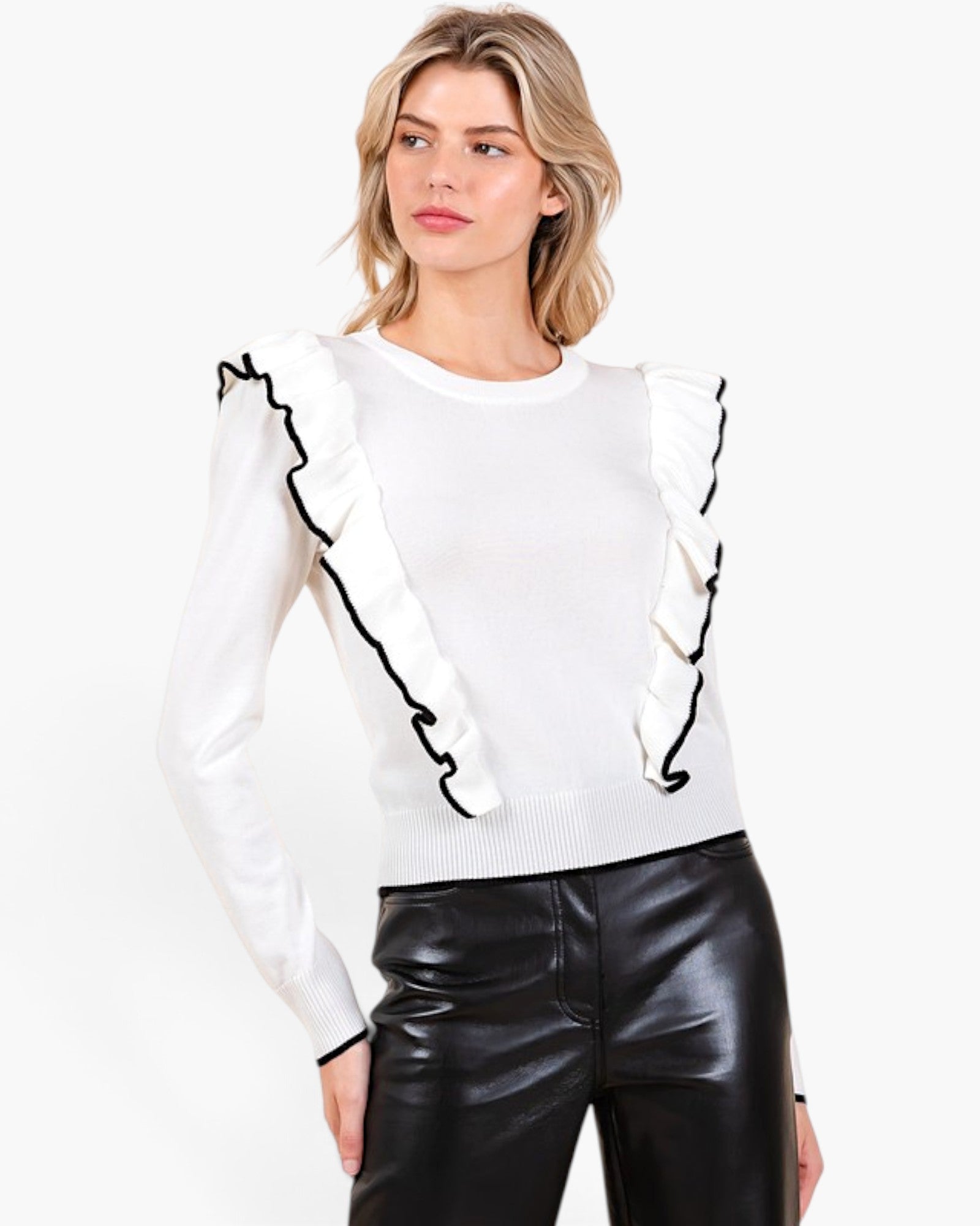 Ivory Contrast Ruffle Sweater