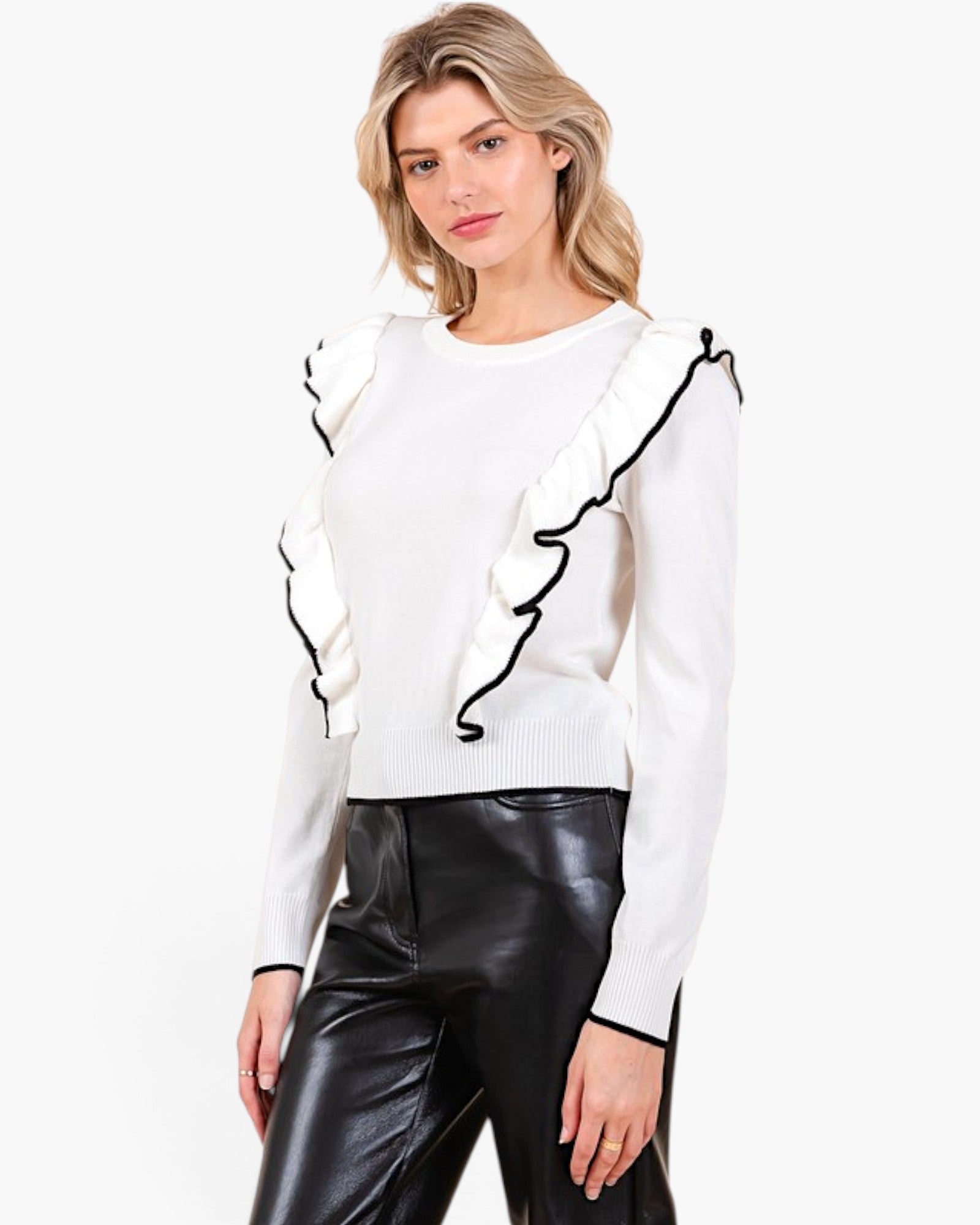 Ivory Contrast Ruffle Sweater