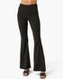 Black high-waisted flare pants shown on a model from the waist down, paired with black slide sandals against a clean white background.