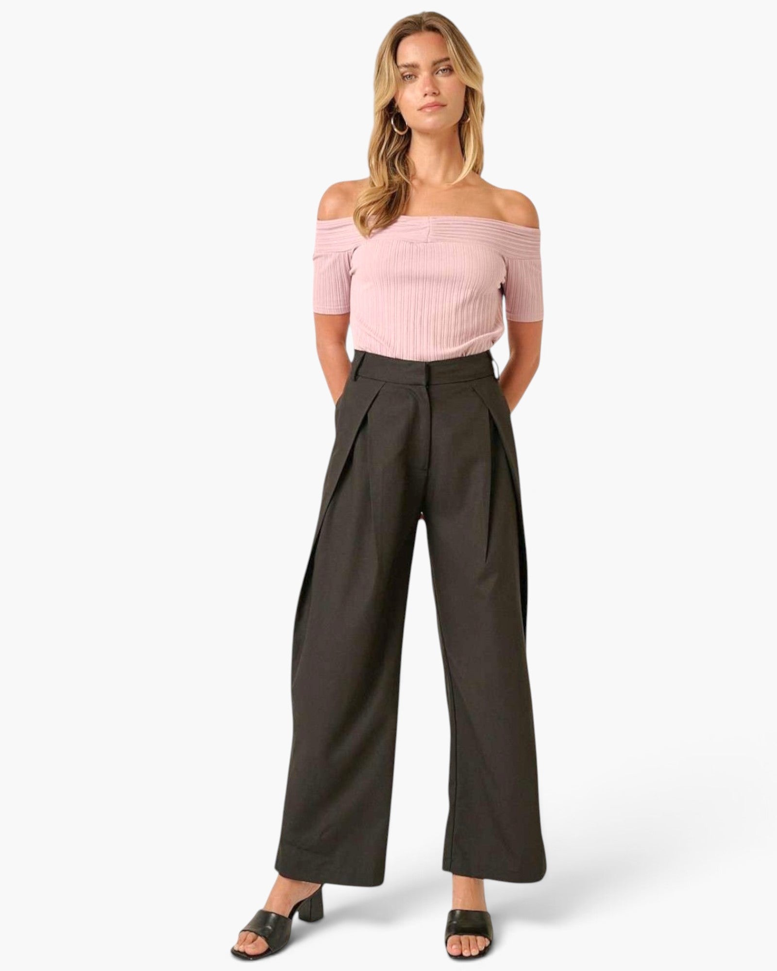 Pantalon large taille haute plissé noir