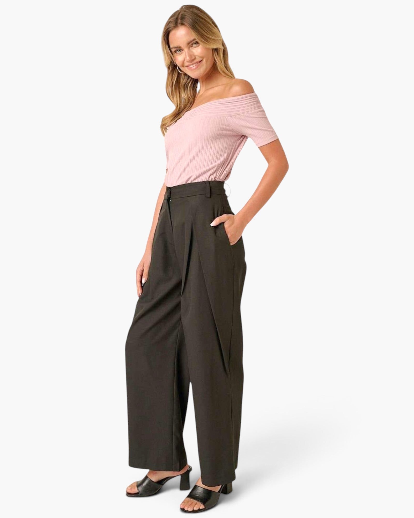 Pantalon large taille haute plissé noir