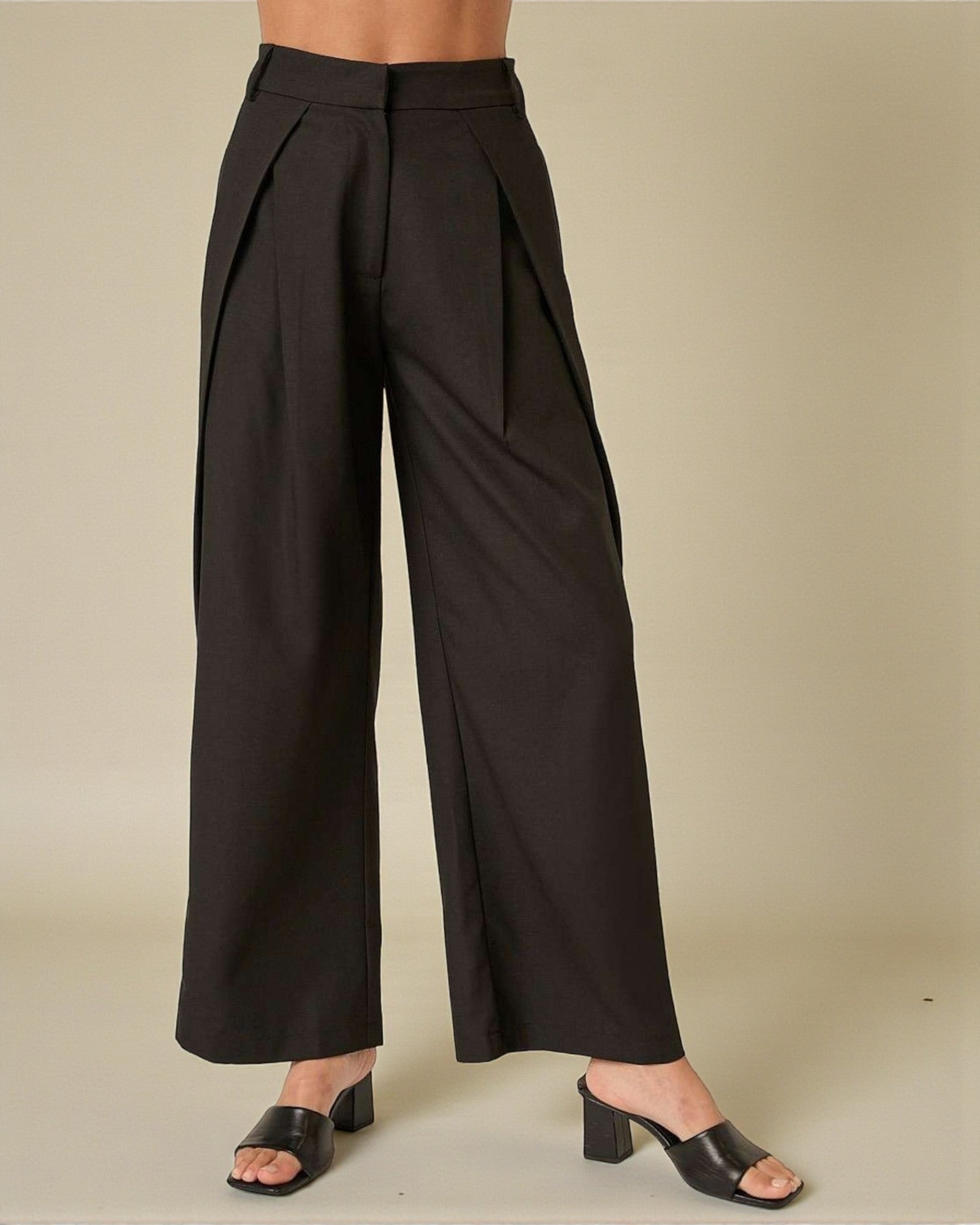 Black wide-leg pants worn by a person on a beige background