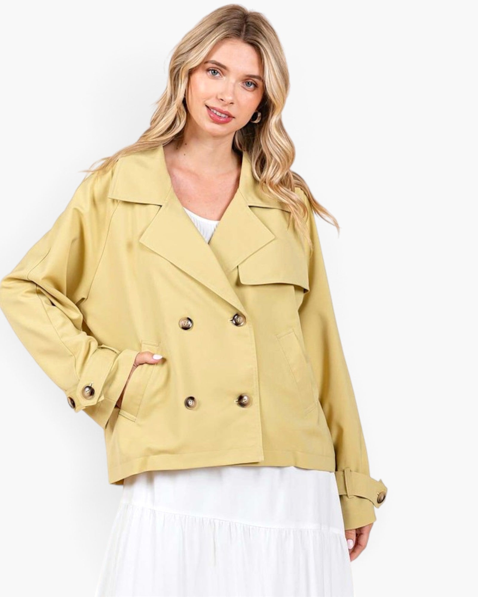 Yellow Double-Breasted Cropped Trench Coat