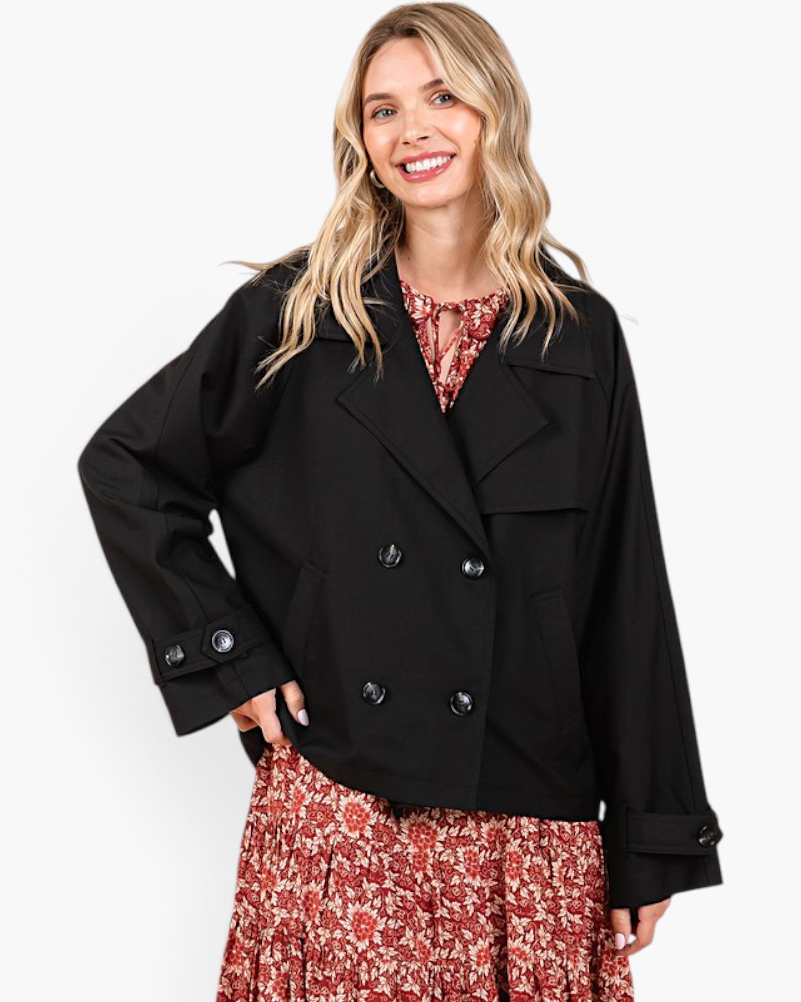 Black Double-Breasted Cropped Trench Coat