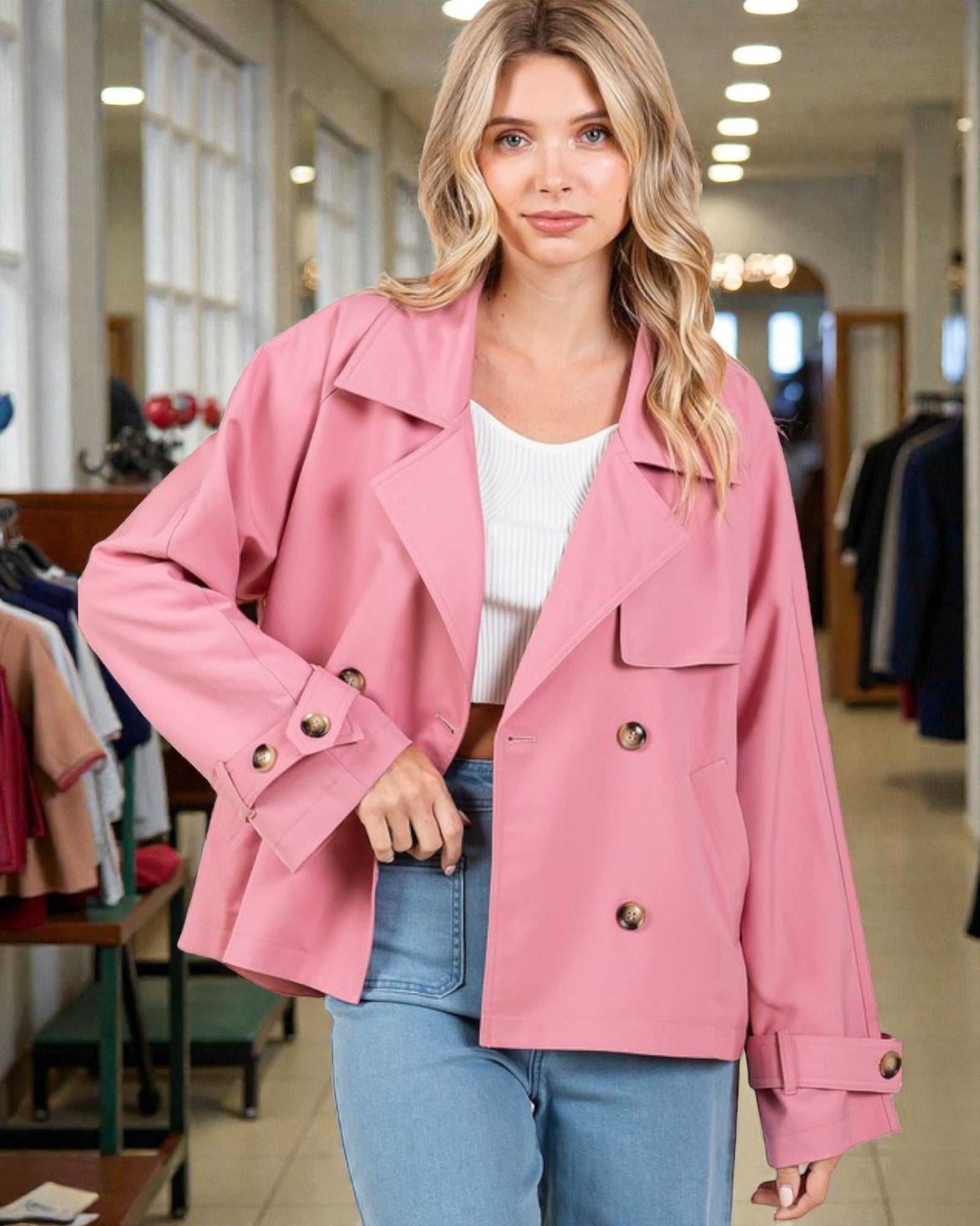 Woman wearing a pink jacket in a clothing store