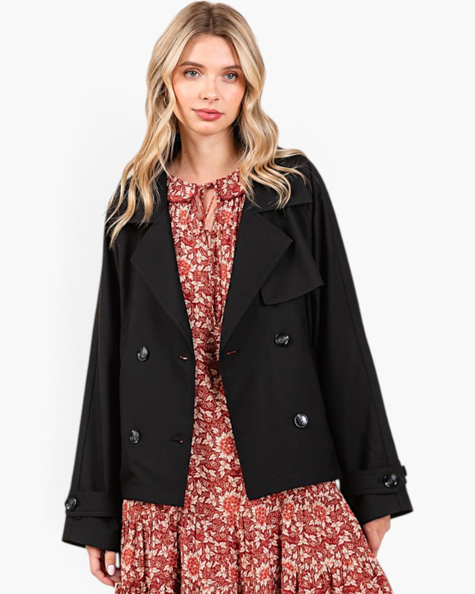 Black Double-Breasted Cropped Trench Coat