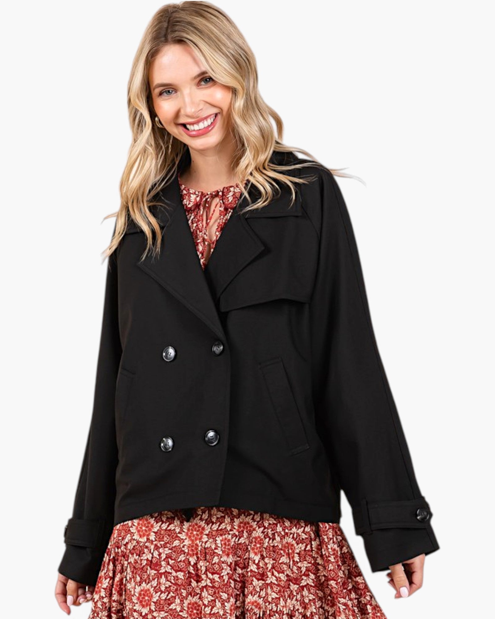 Black Double-Breasted Cropped Trench Coat