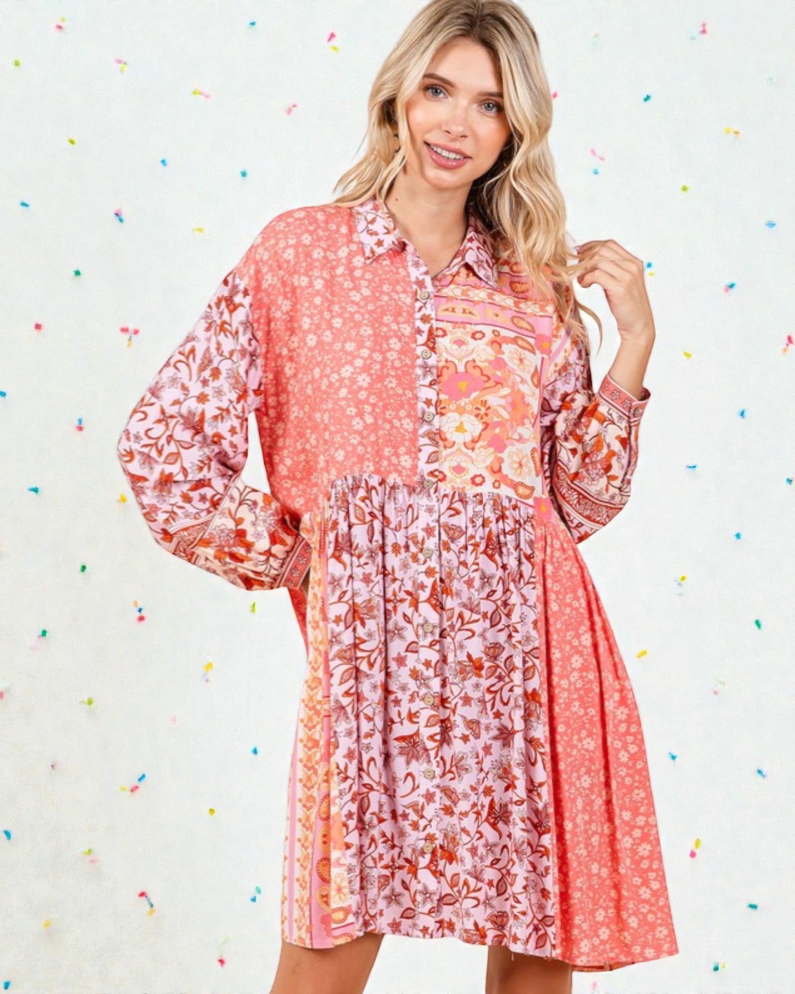 Woman wearing a floral dress with a colorful confetti background