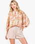 Ginger Floral Print Linen Blend Balloon Sleeve Blouse