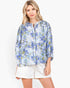 Blue Floral Pleated Button-Up Blouse